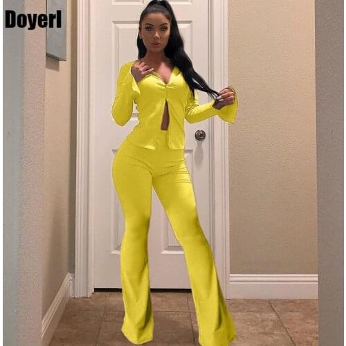 Long Sleeve Two Piece Set Top and Pants Party Club Outfits High Waist Flare Pants Set Clothes for Women Set 2 Pieces Wholesale