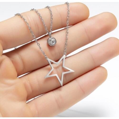 Geometric Jewelry Double Layer Stainless Steel Gold Star Necklaces for Women Crystal Star Choker Necklace Heart Pendant Collier
