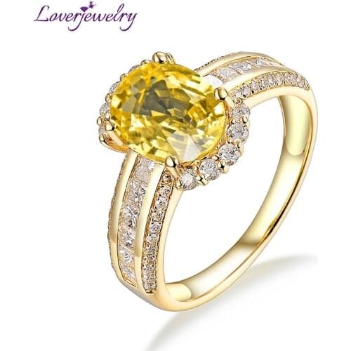 LOVERJEWELRY Young Lady Rings Solid 18KT Yellow Gold Genuine Yellow Sapphire Gemstone Wedding Ring Jewelry SI Diamonds For Wife