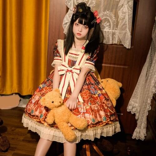 2021 Summer Kawaii Cute Bear Palace Girl Short Sleeve Lolita Dress Women Vintage Goth Tea Lolita Princess Party Dresses Everyday