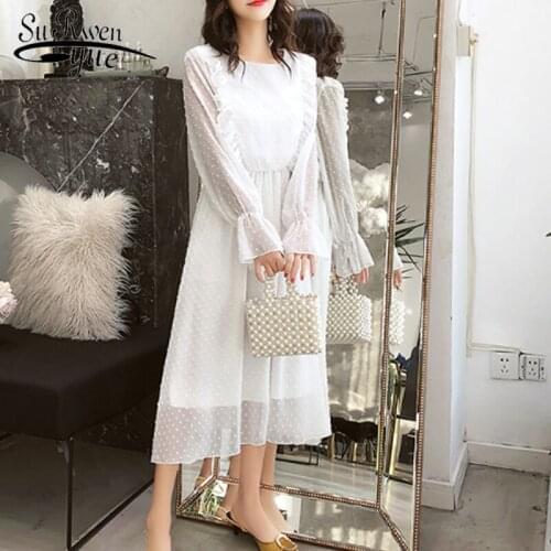Elegant Ruffles Polka Dot White Women Chiffon Dress Elastic Waist Female Long Vestidos Retro A-line Women Dress Dress 3508 50