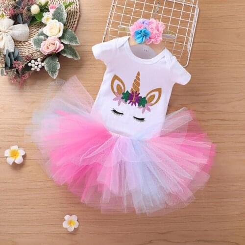 3Pcs Set Newborn Baby Girl Rainbow Unicorns Clothes Suit Baby Romper+Tutu Skirt 1st Birthday Party Outfit Little Baby Wear