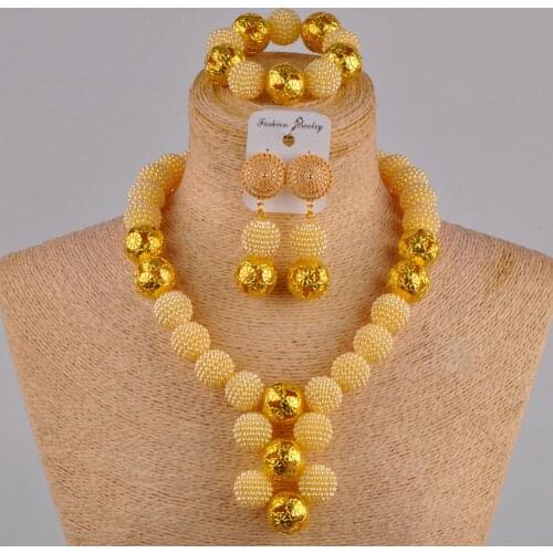 Beige simulated pearl gold african jewelry set nigerian wedding beads costume necklace FZZ30-06