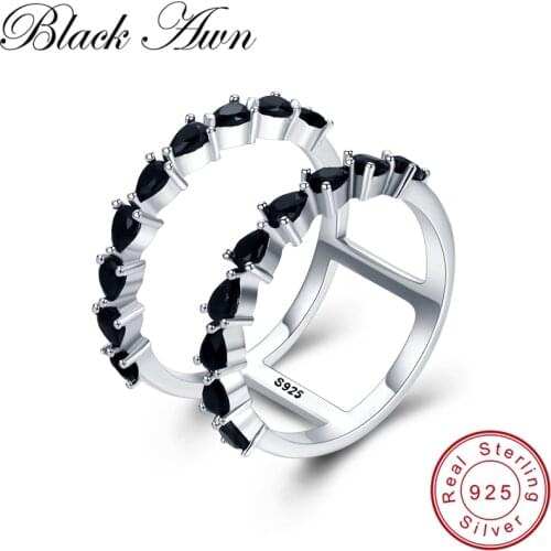 [BLACK AWN] 100% Real 925 Sterling Silver Black Spinel Elegant Rings for Women Hollow Sterling Silver Jewelry G002