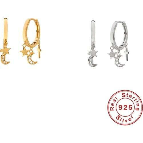 Canner 1 Pair Star Moon Tassel Hanging Huggies Earring 925 Sterling Silver Pendientes Plata 925 Luxury Hoop Earring For Women