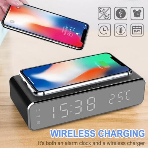 Electric LED Alarm Clock With Phone Wireless Charger Desktop Digital Thermometer Clock HD Mirror Clock With Date Home Decoration