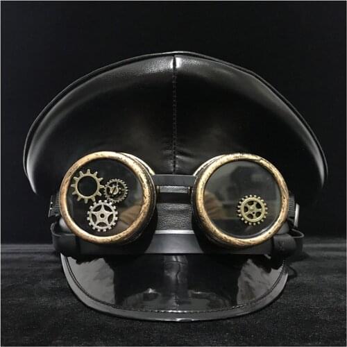 Retro Black Leather Germany Officer Visor Cap Army Hat Cortical Glasses Military Hats Police Cap Cosplay Halloween Hat