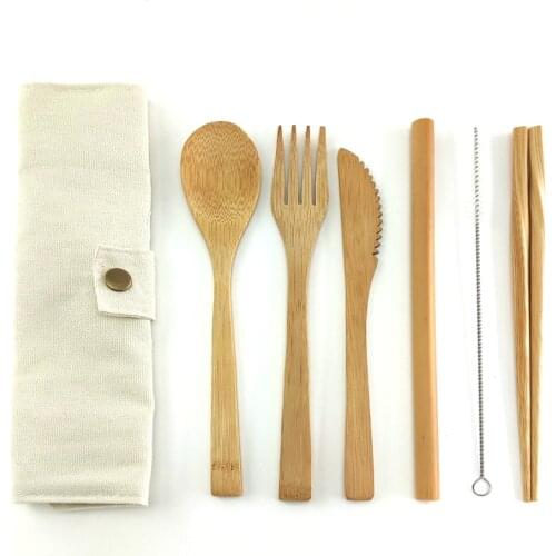 Bamboo Cutlery Set Reusable Eco Friendly Flatware Set Knife, Fork, Spoon and Straw No Waste Tableware Camping Travel Cutlery Set