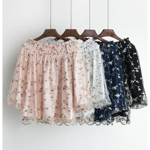 New Spring Women Print Chiffon Shirts Slim Lace Blouses All-match Ladies Slash Neck Off Shoulder Mesh Tops Pullovers BriefWZ275