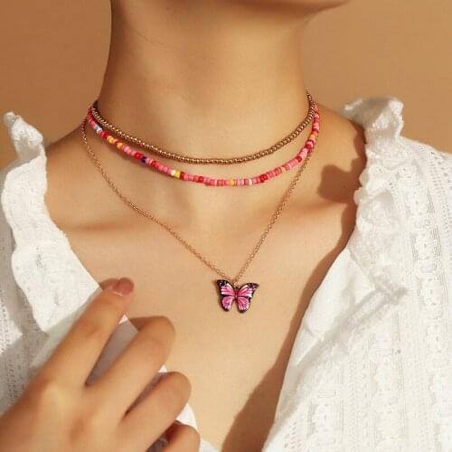 Bohemian Seed Bead Butterfly Pendant Necklace Harajuku Beads Choker Party Jewelry for Women Man Friendship Cool Girls Gifts 2020