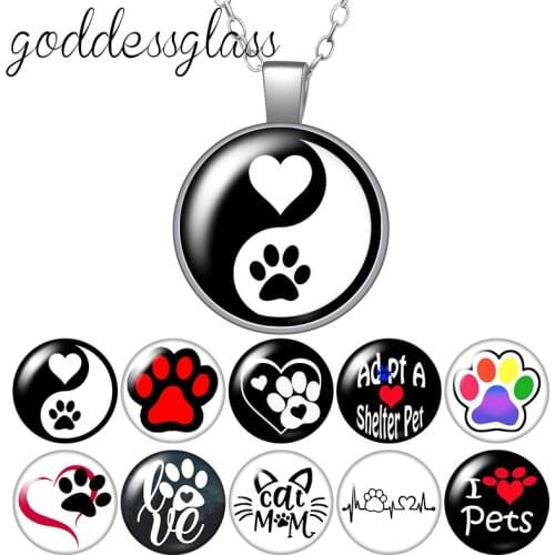 Love Animals Footprint Cats dogs Pet Round Glass glass cabochon silver plated/Crystal pendant necklace jewelry for Gift