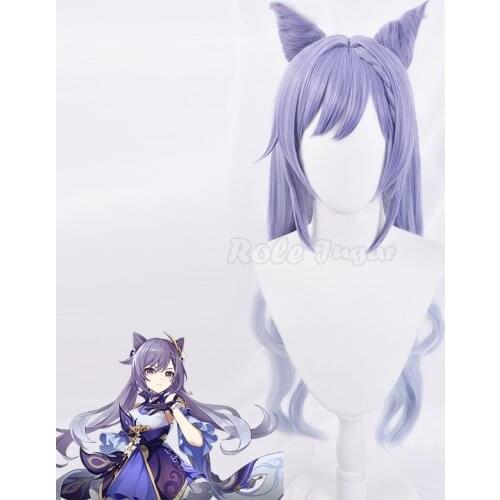 Genshin Impact Cosplay Keqing Wig with Ears Adult Women Girls Long Curly Ponytails Heat Resistant Synthetic Hair Wigs C66M49