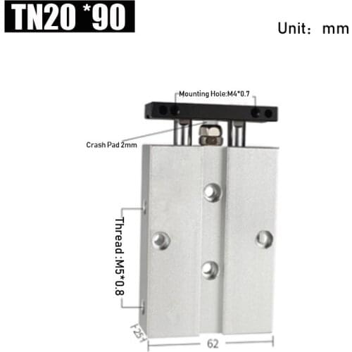 Bore 20mm Stroke 90mm Double Axis Air Cylinder Aluminum Alloy TN Type Pneumatic Cylinder