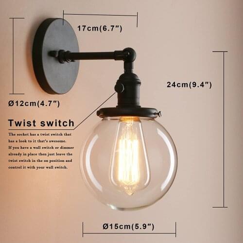Industrial Vintage Wall Lamp Dia 5.9" with Round Clear Glass Globe Shade Loft Simple Home Design Light Fixture