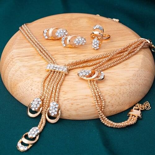 Luxury Gold Color Jewelry Sets For Women Crystal Bridal Necklace Earring Bracelet Ring For Wedding Party Engagement Prom Gift