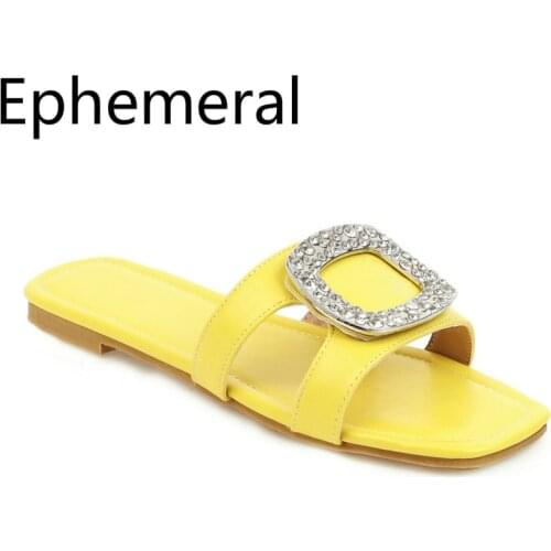 Ladys Solid Flat Heel Slippers Open Toe PU Slides Summer Luxury Rhinestones Outdoor 2020 New Shoes Black Beige Cute Fashion 45