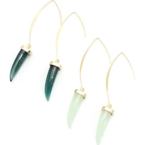 Light Yellow Gold Color Alloy Wolf Tooth Green Crystal Drop Earrings for Women Ethnic Style Jewelry