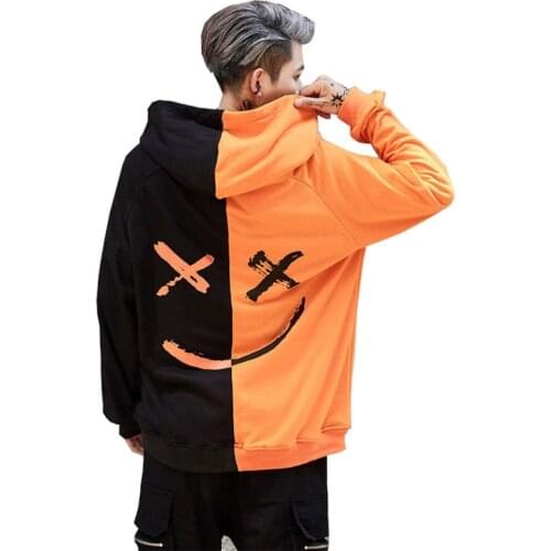 Dropshipping Hoodies Sweatshirts Men Women Color Block Patchwork Smile Print Hoodie Hip Hop Streetwear Men Clothing
