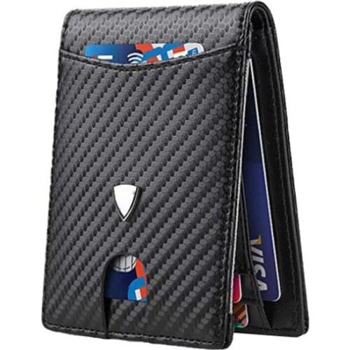 Slim Carbon Fiber Leather Men Wallet With Coin Pocket RFID Credit ID Card Holder For Man Bifold Clamp Purse Money Bag Metal Clip