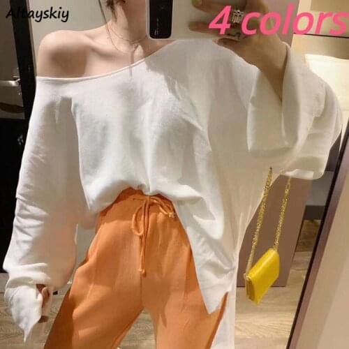 4 Colors T-shirts Women Off Shoulder Solid Simple Elegant Korean Style Loose Flare Sleeve Spring Autumn Hot Sale Chic Trendy