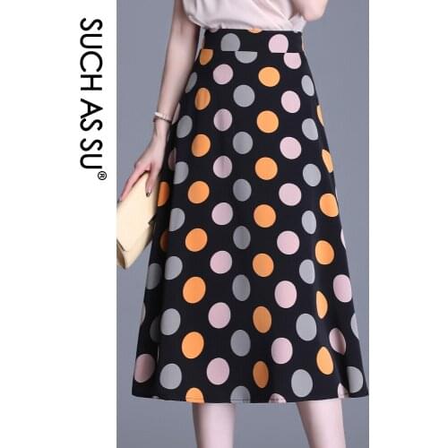 Women Spring Summer Black White Yellow Dot Print Mid Long Pleated Skirt Elastic High Waist Slim Ruffle Chiffon Skirt Female