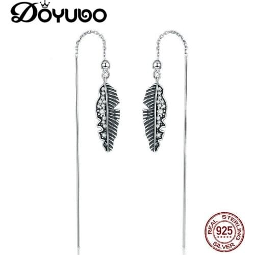 DOYUBO Vintage Womens Solid Silver Palm Leaves Dangle Earrings With White Cubic Zirconia Fashion Long Earrings Jewelry AFF018