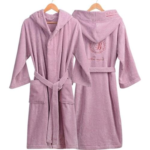 Winter Terry Bathrobe for Men Women Hooded Kimono Robes Embroidery Thick Cotton Towel Bathrobes Long Robes Unisex Dressing Gown