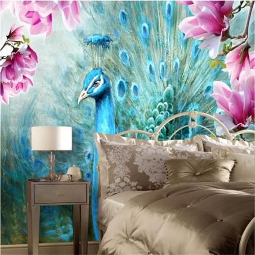 Customize 3d luxury wallpaper Peacock Magnolia Hand Painted Oil Painting Background Wall wallpaper for walls 3 d photo