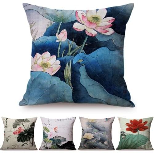 Chinese Vintage Watercolor Painting Lotus Cushion Cover Beautiful Elegant Home Decorative Summer Flowers Bird Throw Pillow Case