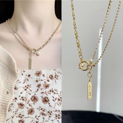 Korean Metal Rhinestone Asymmetrical Chain Pearl Hoop Letters Pendent Necklace for Women Girls Jewelry 2021 Trend New Arrival
