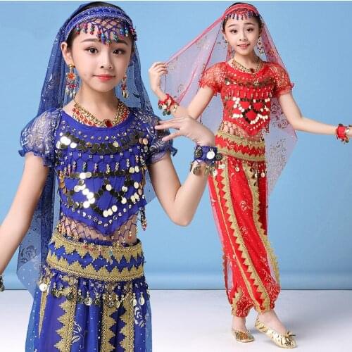 4Pcs/Set Belly Dance Costume For Children Girls Oriental Dancing India Belly Dance Clothes India Dancing Costume Set 4 Colors