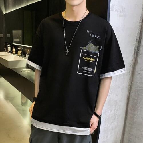 BROWON New Summer Oversized T Shirt Men Casual Patchwork Fake Two Piece Mens Clothes Cotton Short Sleeve Tshirt Men Clothing