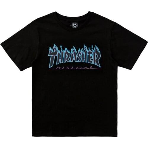 Mens Hip-Hop Tide Brand Phantom Flame Letter Printing Short-Sleeved T-shirt Pure Cotton Loose and Comfortable Solid Color Top