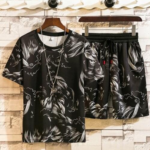 Elastic Waist Jogger Set Shorts + Short Sleeve Tshirt New Mens Sets Fashion Tracksuit Men Print O Neck Beach Shorts Tee Male