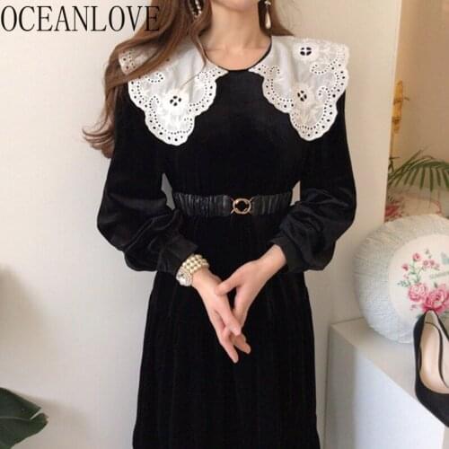 OCEANLOVE Dress for Women 2021 Autumn Winter Velvet Elegant Vintage Vestidos Korean Puff Sleeve Peter Pan Collar Long Dresses