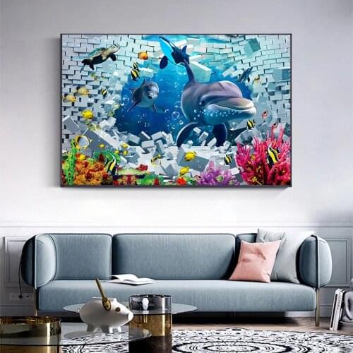 Marine Animal Poster Decor White Shark Blue Dolphin Goldfish Sea Turtle Hitting White Brick Square Wall Color Coral Oil Painting