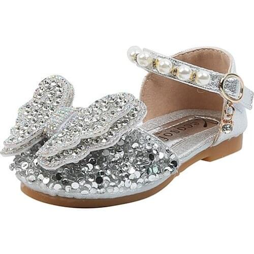 Girls Princess Glitter Leather Shoes Size 21-36 Childrens Fashion Diamond Sequin Dance Shoes Kids Butterfly Baotou Sandals