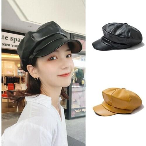 Popular Women Leather Octagonal Beret Hats Fashion Baseball Cap Winter Hat Caps