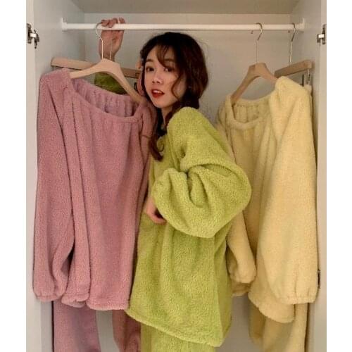 QWEEK Pajamas for Women Solid Color Flannel Home Clothes Pink Yellow Green Pijamas Winter Nightwear Korean Fashion Pyjamas Cute
