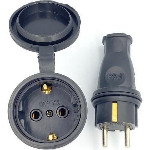 EU Rubber Waterproof Socket Plug Electrial Grounded European Connector With Cover IP44 For DIY Power Cable Cord 16A 250V