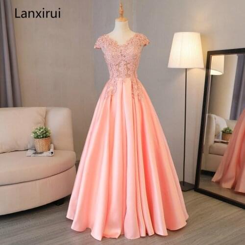 Pink Lace party Dresses V Neck Appliques Elegant Dress for eveningParty robe demoiselle d'honneur pour femme