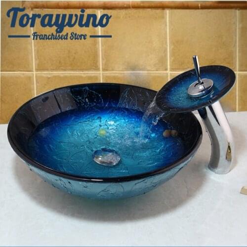 Torayvino Bathroom basin set hand painted glass washbasin sink blue & black brass faucet bathroom hot & cold bath mixer faucets