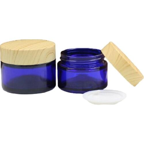 30g 50g Glass Cosmetic Cream Jar Pot Blue Eye Cream Skin Care Container False Wooden Lid Makeup Face Cream Lotion Bottles 15pcs