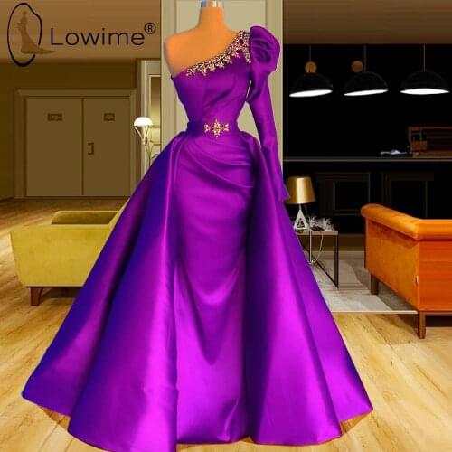 One Shoulder Purple Mermaid Evening Dresses with Detachable Train Single Long Sleeve Beaded Satin Evening Gowns Formal Dress