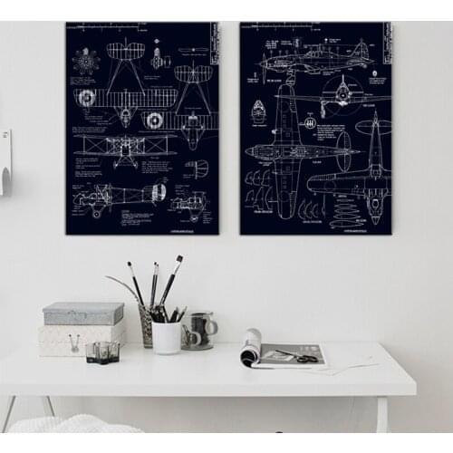 Nordic Style Vintage Poster Print Art Painting Retro Aircraft Fighter Model Blueprint Drawing Home Bar Cafe Decoration