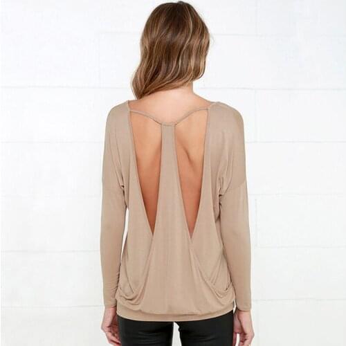 Fashion Sexy V Open Back Long Sleeve Bottoming T-Shirt Spring Autumn Women Backless V-neck Tops Women t-shirt