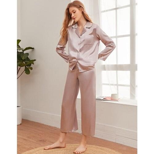 Womens Pajamas Autumn Winter Homewear Sets Casual Turn-down Collar Calf Length Sleeve Long Pants Solid Sleepwear Suits
