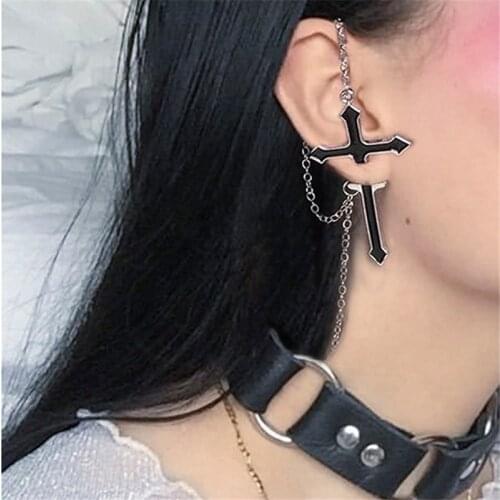 AOMU 2020 New Punk Personality Cross Metal Silver Color Long Chain Zipper Hyperbole Trendy Stud Earring for Couples Jewelry Gift