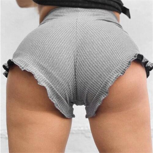 Women Stretchy Ribbed Shorts Solid Color High Elastic Waist A-line Ruffles Bottom Shorts Loungewear Fitness Slim Short Trousers