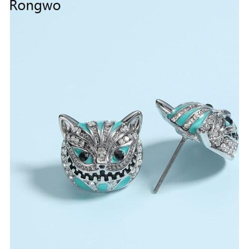 Fashion Luxury Cat Animal Earrings Stainless Steel High Quality Zircon Crystal Metal Stud Earring For Woman Halloween Jewelry
